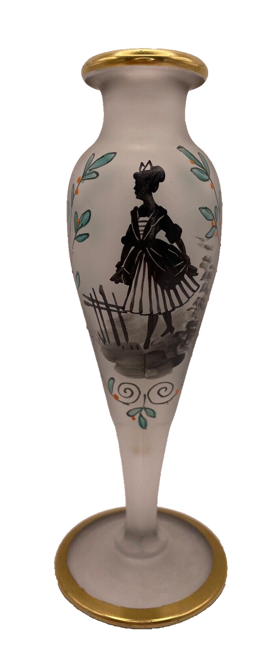 Dainty Handpainted Glass Vase French Ladies & Gold Gilt Pre-owned 6 in